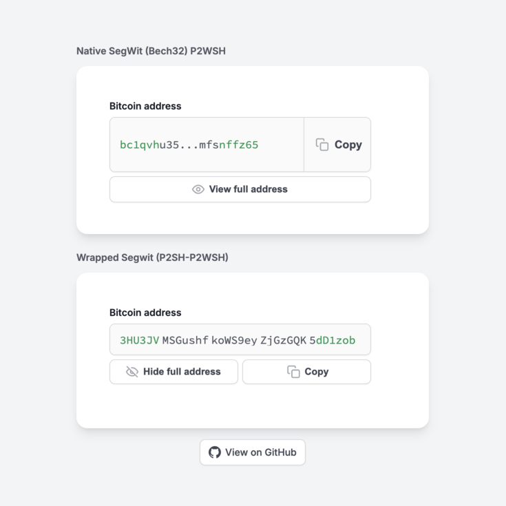 Bitcoin address display component showing Native SegWit and Wrapped SegWit addresses with copy and expand controls.